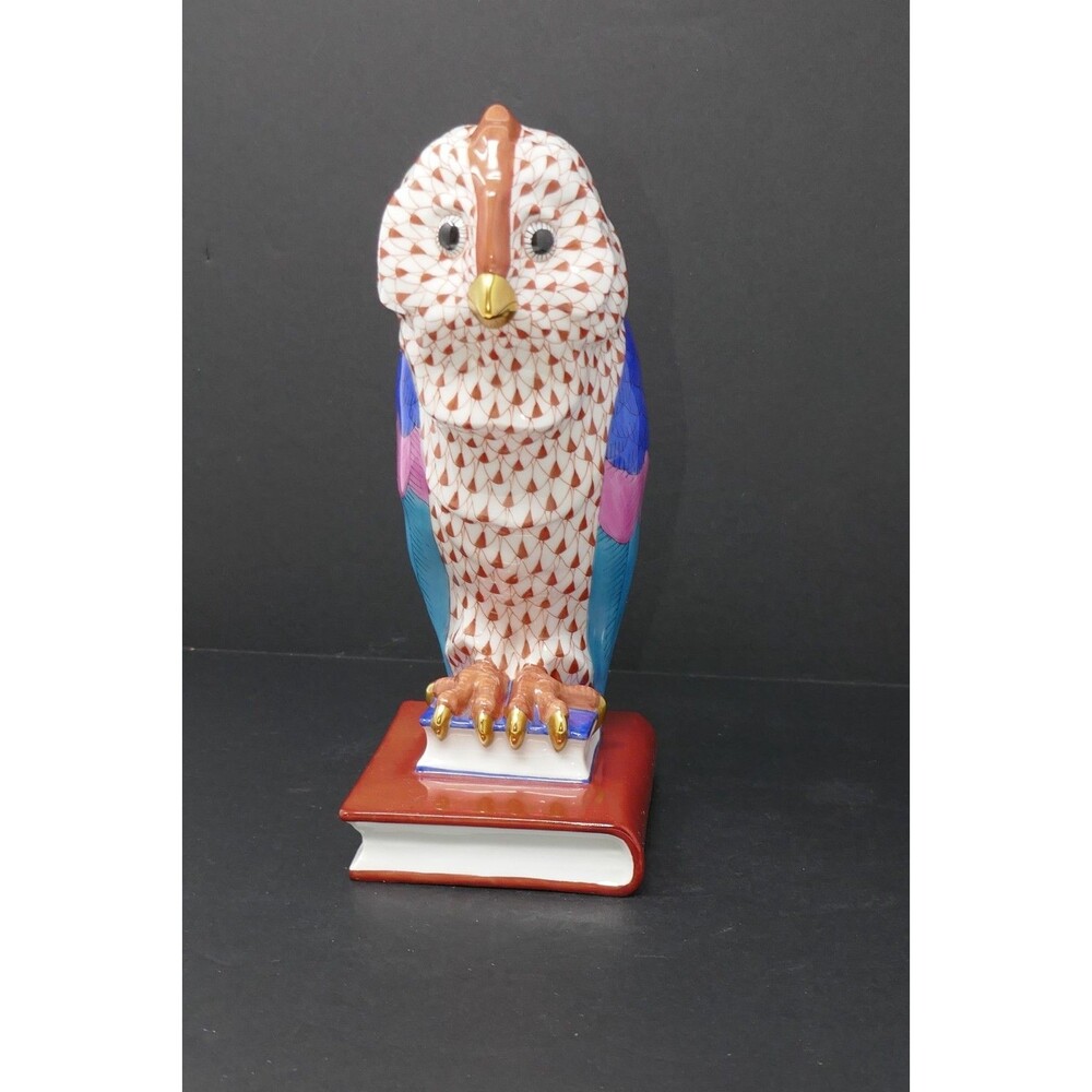 Herend Fishnet Owl on Books Medium Handpainted Porcelain Figurine 5104 Hungary - Picture 2 of 15